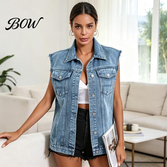 Soft Demin Vest Women Sleeveless for Summer, Button Down Casual Jean Jacket, Frayed Lapel Waistcoat Top with Pockets