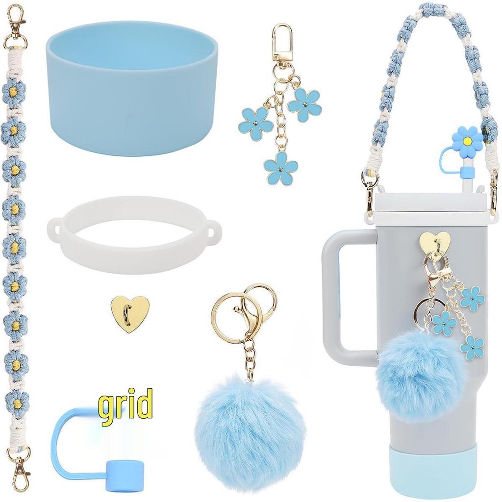 Stanley Water Bottle Accessory Set: Floral Straw Cap with Hand-Woven Rope & Silicone Sleeve for IceFlow Cup