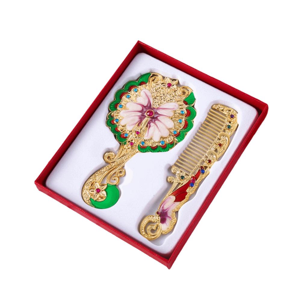 Portable Peacock Makeup Mirror Comb Set Hand-held Luxury Princess Make Up Mirror Metal Handle Embossing
