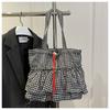 Women's Plaid Large Capacity Shoulder Bag Versatile Drawstring Simple Tote Bags Splicing Commuting Shopping Casual Underarm Bag