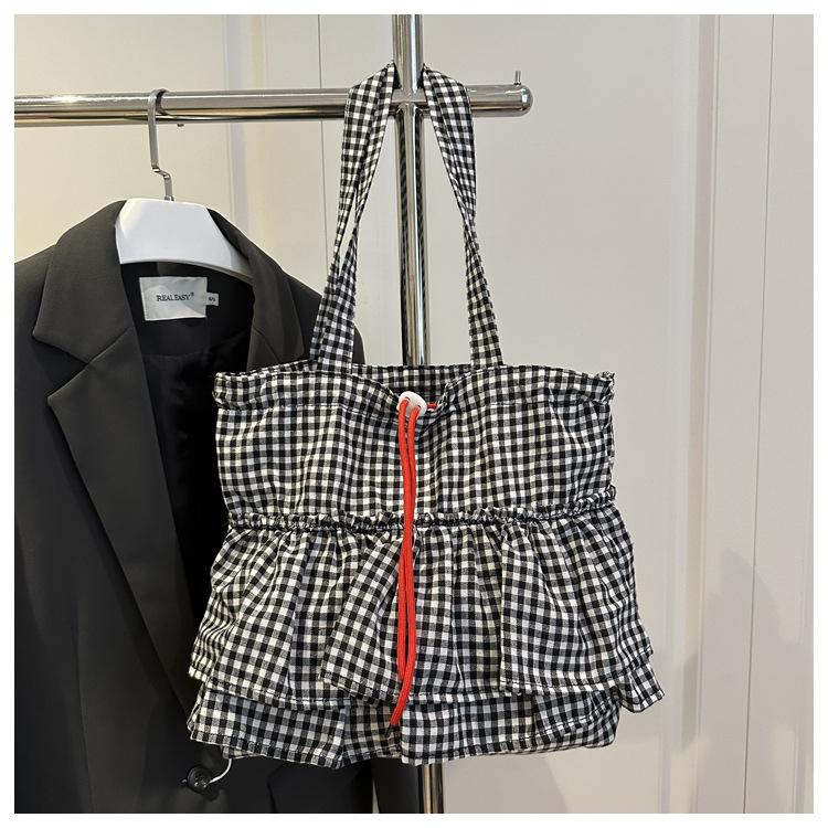 

Women s Plaid Large Capacity Shoulder Bag Versatile Drawstring Simple Tote Bags Splicing Commuting Shopping Casual Underarm Bag