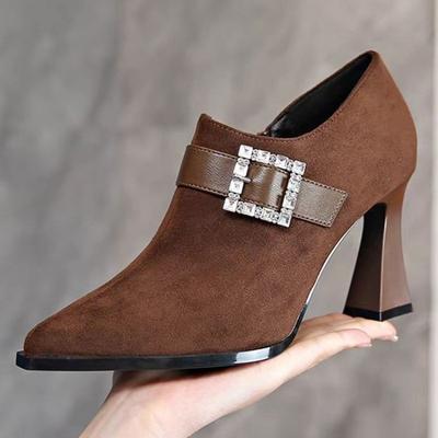 Primavera Nuevos Zapatos de Tacón Grueso para Mujer Punta Suede Hebilla de Cristal Cremallera Lateral Antideslizantes Resistentes al Desgaste Tacones Altos