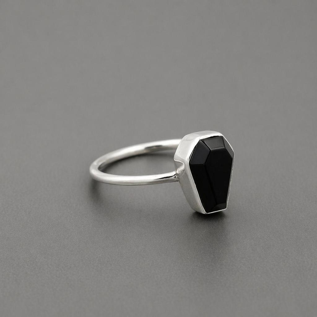 Black Onyx Coffin Ring, 925 Sterling Silver Handmade Gemstone Ring, Boho Statement Ring, Gothic Minimalist Jewelry
