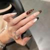 High-End Almond Press-On Nails: Muted Black Brown Color Block with French Leopard Print