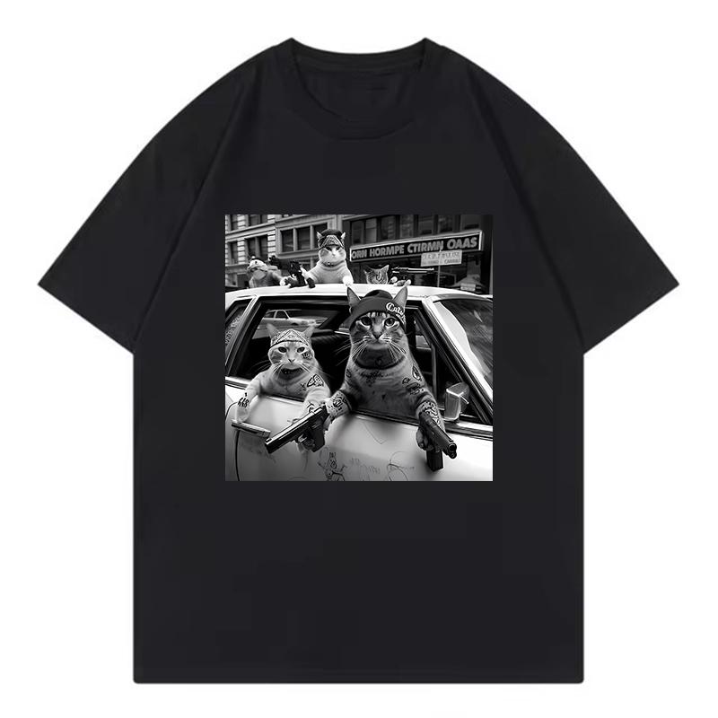 Streetwear Cat Printed Funny T Shirts Unisex Hip Hop Cat Fashion T-shirt Round Neck Short Sleeve Trendy Tee Shirt Streetwear Tops