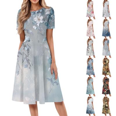 Women's Casual Fashion Round Neck Short Sleeve Floral Print Midi Dress