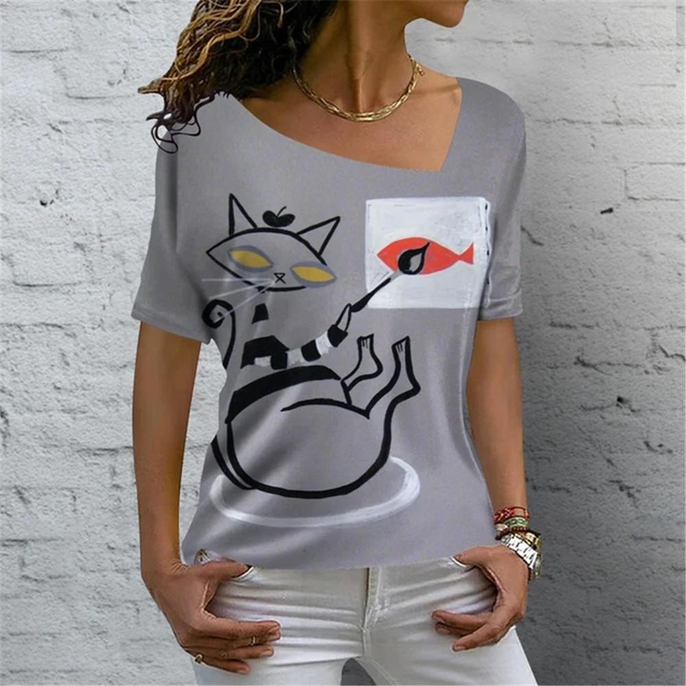 Kreslená kočka Digitální 3D tisk Dámské tričko Krátký rukáv Léto Ležérní Šikmý límec Personalizované Žena Dámské topy Oblečení