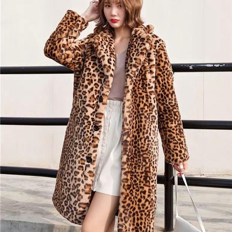 Women's Faux Fur Leopard Print Long Cardigan Coat - Thick Warm Fleece Lapel Jacket, Plus Size Available