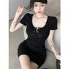 Solid Color Short-sleeved Button Dress Female Pure Desire Style Sexy Slim Figure Spice Girl Hip Skirt Summer