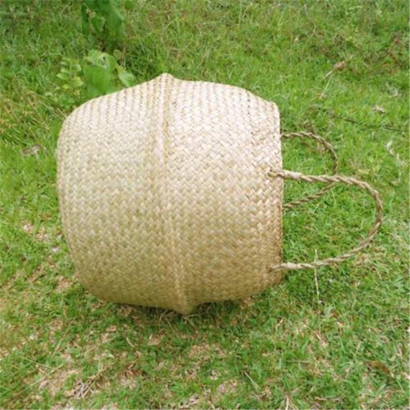 Basket Rattan Folding Wicker Handle Round Natural Sea Grass Plant Storage Wood