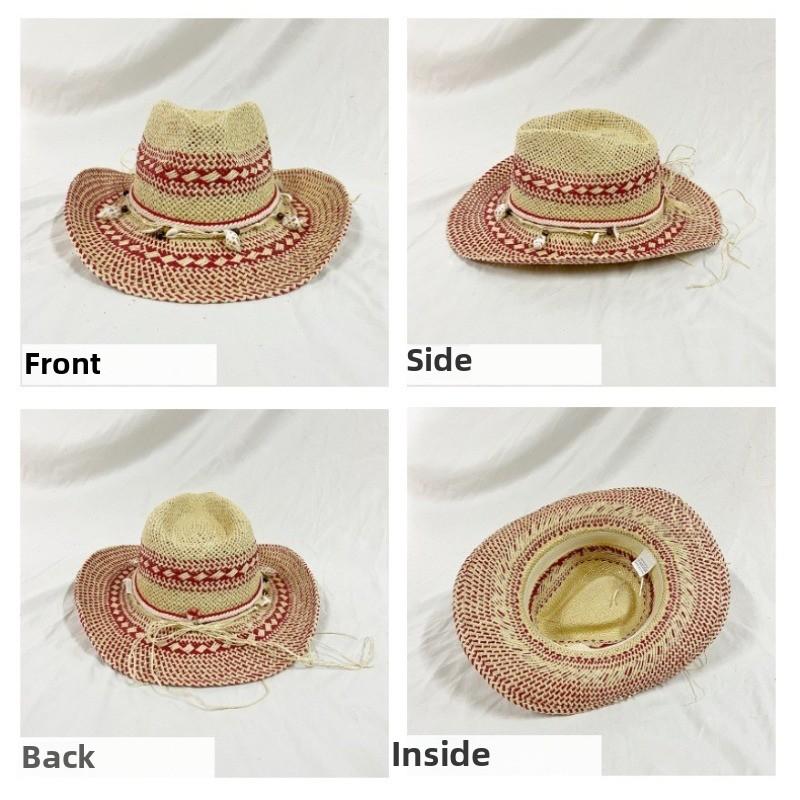 Ethnic Style Western Cowboy Hats Red Beige Color Woven Rolled-Brim Straw Sun Hat Women Outdoor Sun Protection Fashion Beach Hat
