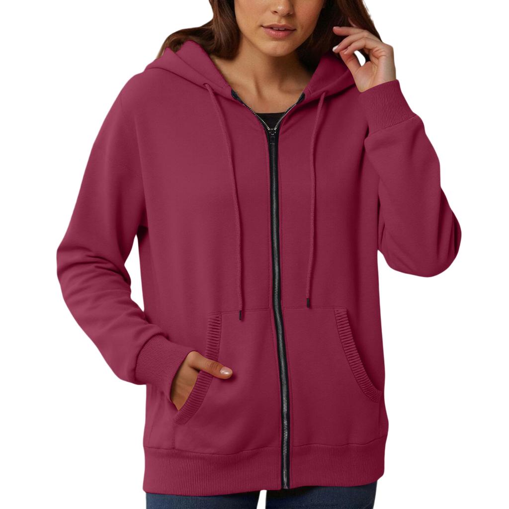 Women's Loose And Comfortable Zipper V-neck Long Sleeved Solid Color Pullover Sweatshirt Jacket