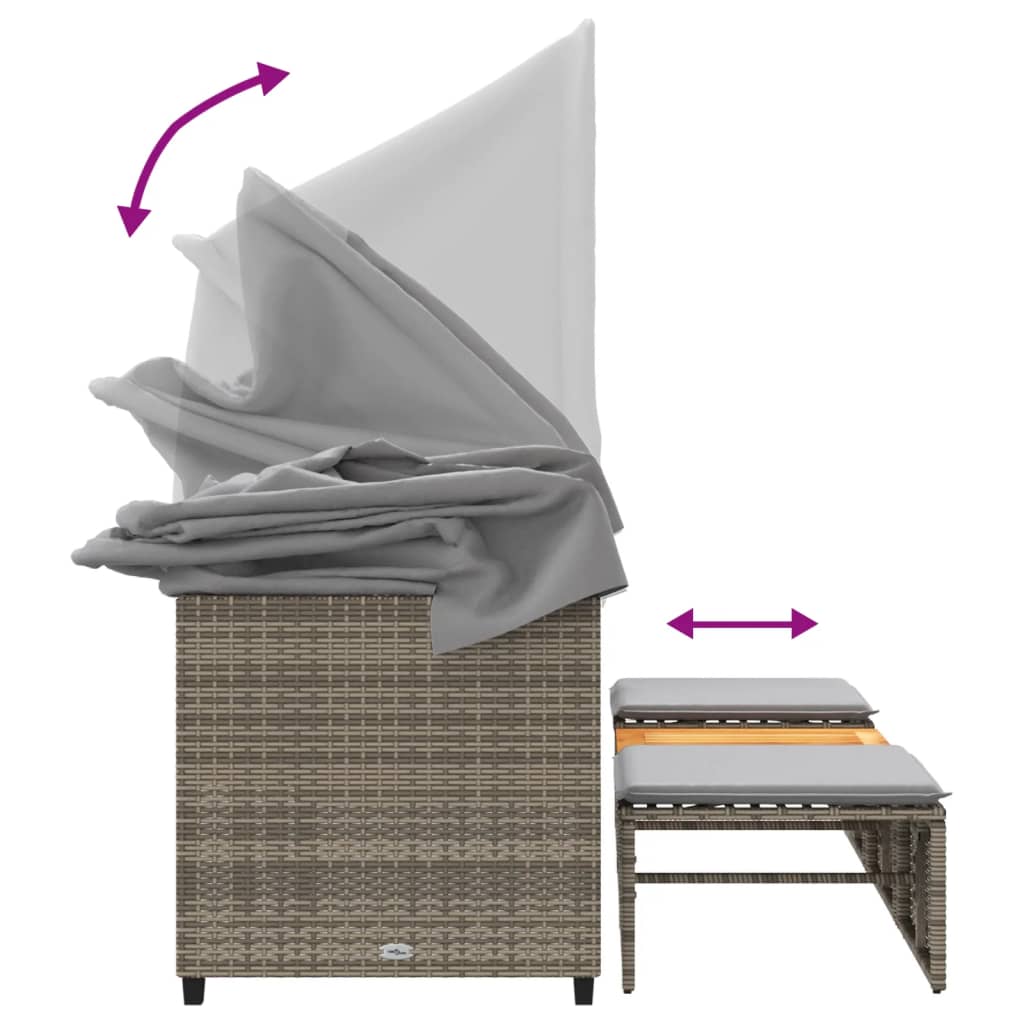 Outdoor 3 Seater Sofa with Canopy and Footstools Grey Poly Rattan