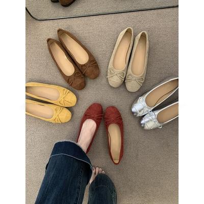 Evening Wind Silver Bow Round Head Light Mouth Single Shoes with Skirt Fairy Suede Flat Bottom Grandma Bean Ladyshoes