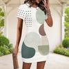Women Plus Size Round Neck Short Sleeve Abstract Printed Fitted Mini Dress White Purple Gray