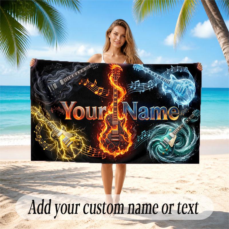 Music Guitar Theme Beach Towel Personalized Custom Name & Text Soft Quick Dry Beach Towel for Swimming Travel