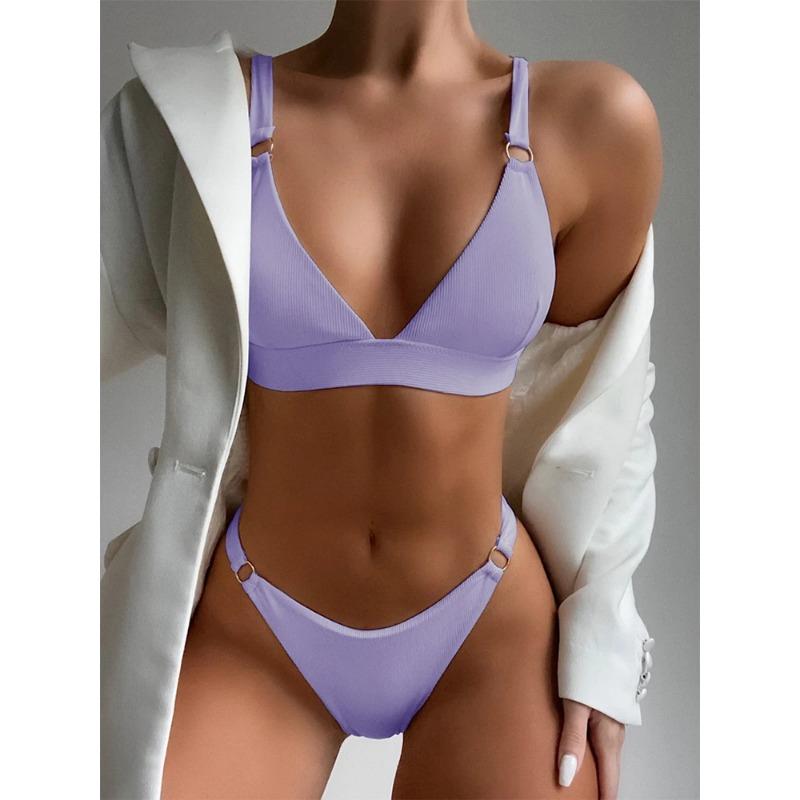 

Сексуальный бикини с высоким вырезом на бедрах, ребристый, женский купальник с металлическим кольцом, женский купальник, однотонный комплект бикини, мягкая пляжная одежда, купальный костюм L лавандовый