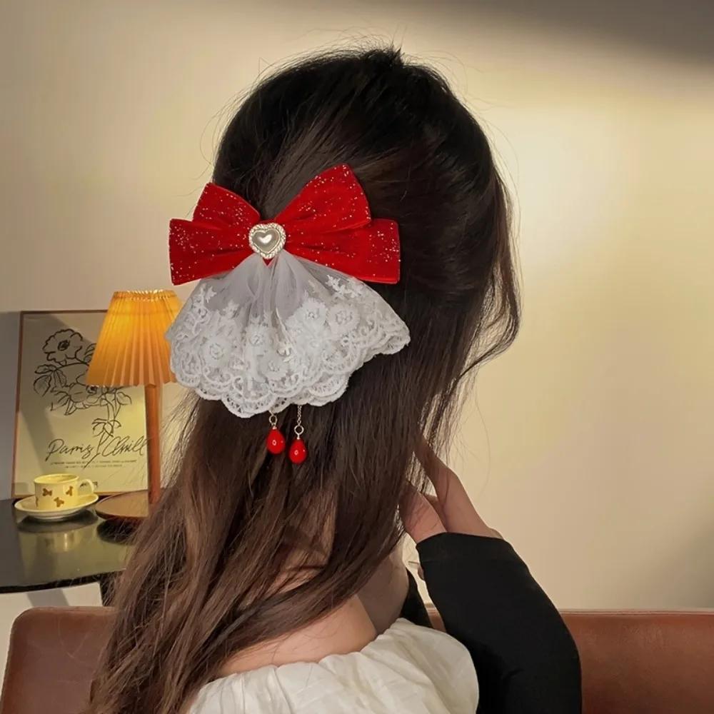 Sweet Temperament,Lace Red Big Bow,Runaway Princess, Broken Diamond Hair Clip,Women's Back of The Head Headband Accessory