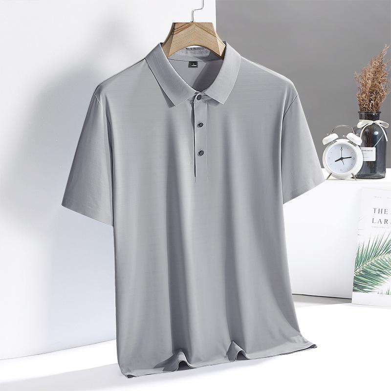 Summer Ice Silk Traceless Polo Shirt Men'S Lapel High-End Business Casual Polo Top Solid Color Tooling Shirt