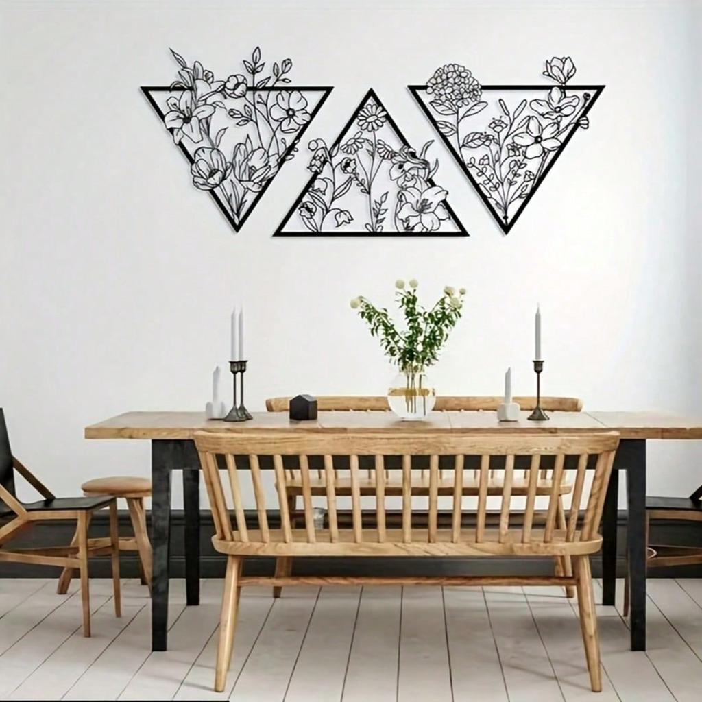 Set of 3 Floral Metal Wall Art Minimalist Home Decor Pictures