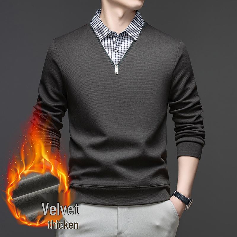 

Men s Thickened Fleece-Lined Hoodie, 2025 New Arrival, Winter, Middle-Aged & Elderly Dad s Knit Pullover Sweater with Faux Two-Piece Design XL сірий колір