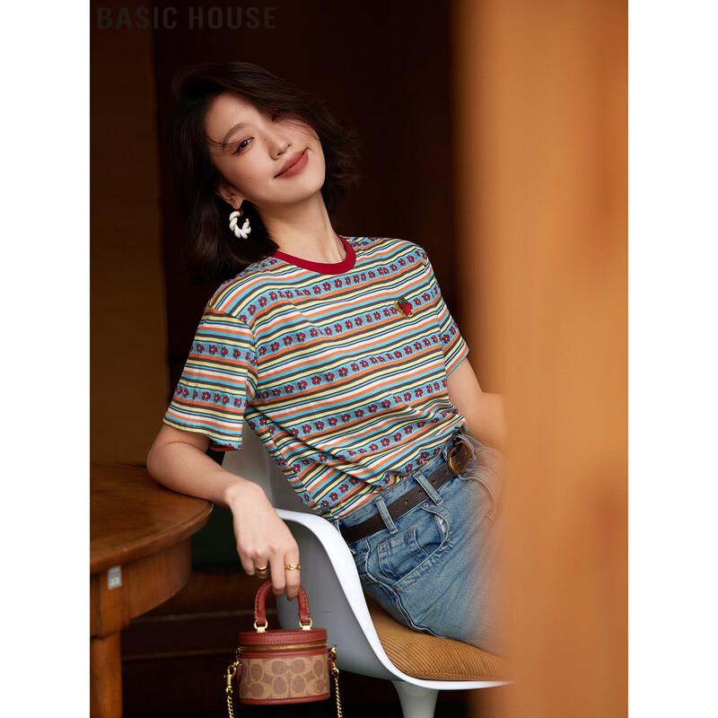 Basic House Dopamine Color-Block Striped Embroidered Short Sleeve T-Shirt L