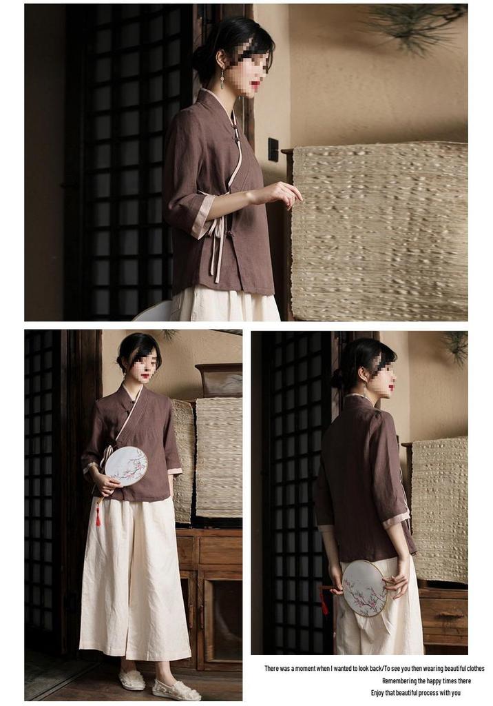 Zen Style Women's Tea Color Qipao Tang Suit Top - ROC Era