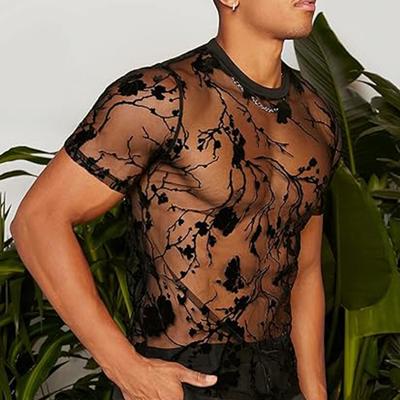 Erkekler Kulübü Üst Şeffaf Örgü Çiçek Nakış Yuvarlak Yaka Ultra-ince Kısa Kollu Slim Fit Parti Performansı Barmen Slutty T-shirt