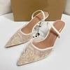 White Women Wedding Pumps Mesh Embroidered Flowers Back Strap Sexy Slingback High Heel Dress Shoes for Ladies