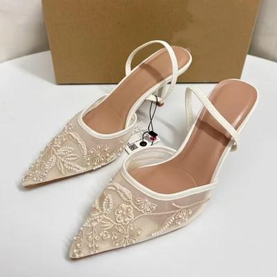 White Women Wedding Pumps Mesh Embroidered Flowers Back Strap Sexy Slingback High Heel Dress Shoes for Ladies