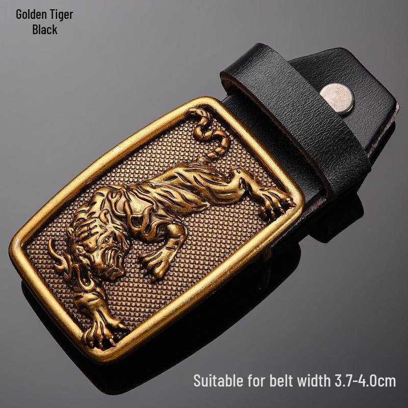 Tiger Head Alloy Western Cowboy Leather Belt with Smooth Buckle