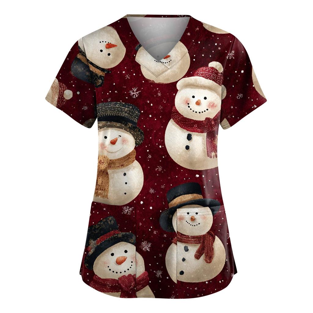 Dammode V-ringad Kortärmad Arbetskläder Med Fickor Jultryck Topp Vårdgivare Uniform