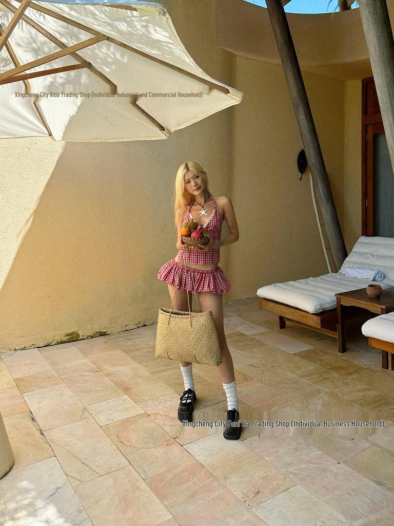 Red Plaid Lace Trim Halter V-Neck Camisole for Women - Korean Summer Style Swimwear