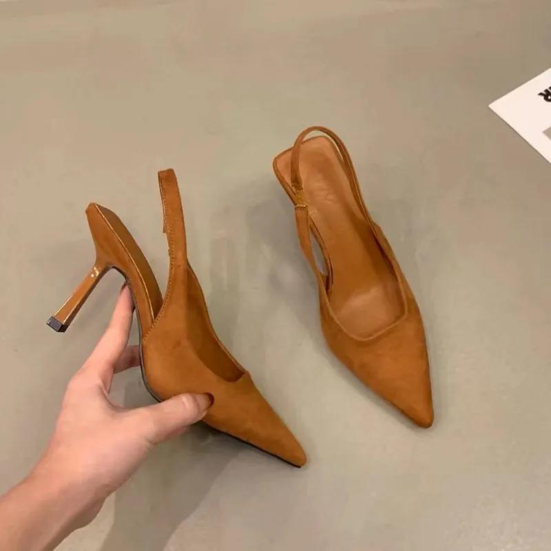 Fashion 2024 New Women's Shoes One-line Fine Heel Pointed Toe Women Sandals Suede High Heels Slingback Women Sandals Zapatos De Mujer