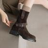 Krazing Pot Fashion Cow Suede Nubuck Winter Round Toe Modern Boots Med Heels Zipper Metal Buckle Mid-calf Boots