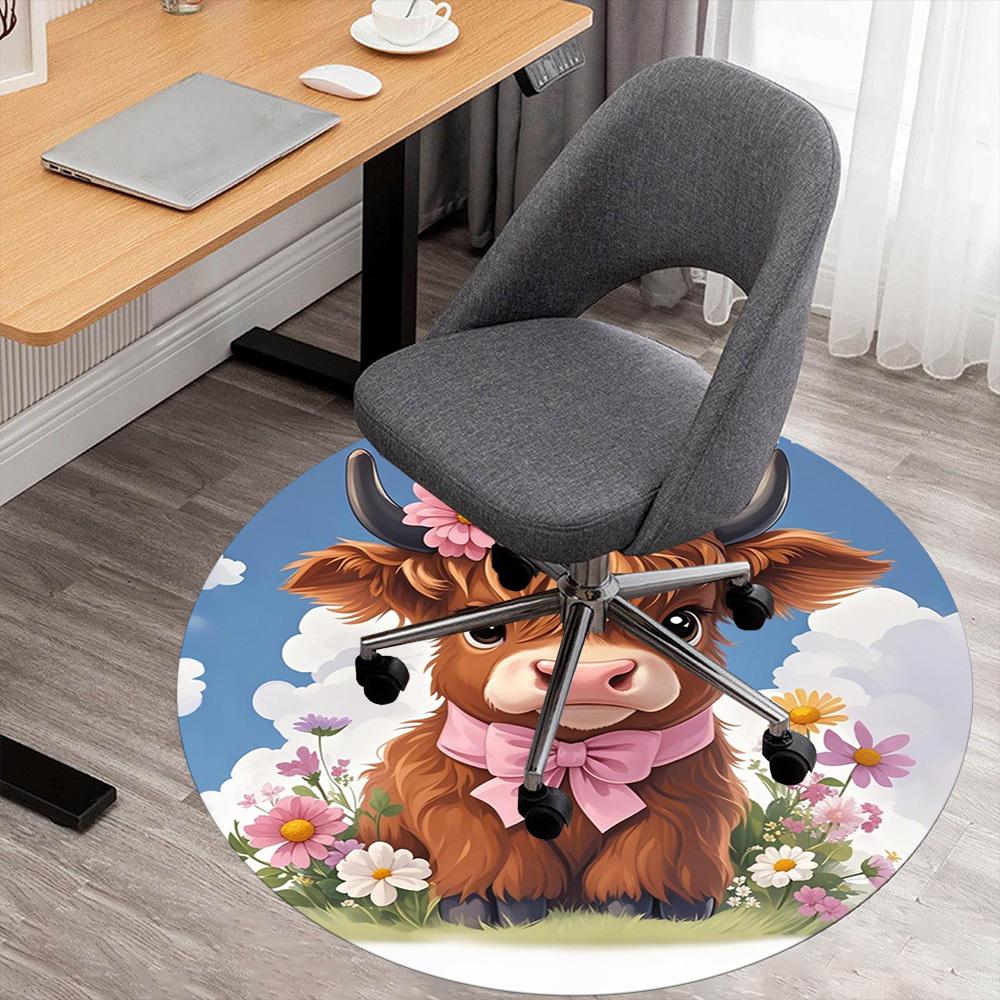 1PC Cow Flowers Bow Round Chair Mat Area Rug - Non-Slip, Floor Mat for Office, Bedroom, Home Decor Christmas Gift C0528077