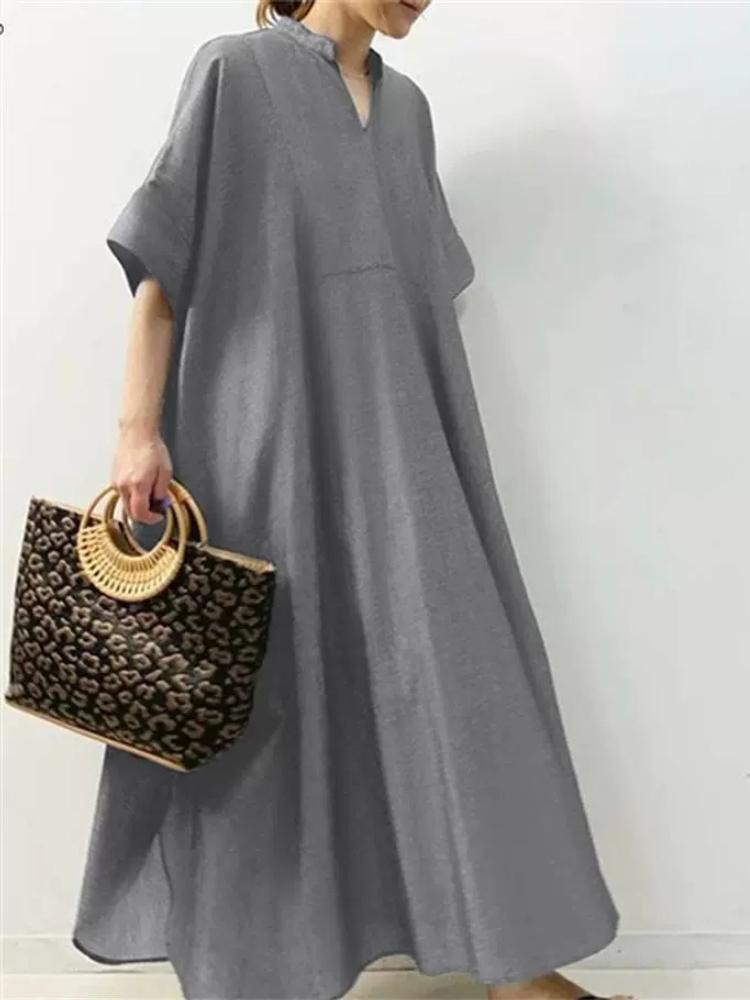 Women's Casual Loose Long Dresses V-Neck Short Sleeve Solid Color Maxi Dress Spring Summer Minimalist Robes Femme