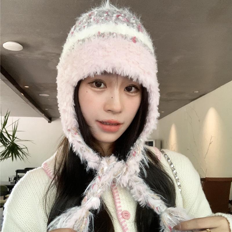 Wool hat female face small Maillard winter fringed braids thickened thermal ear protection hat cold knitted hat cold hat