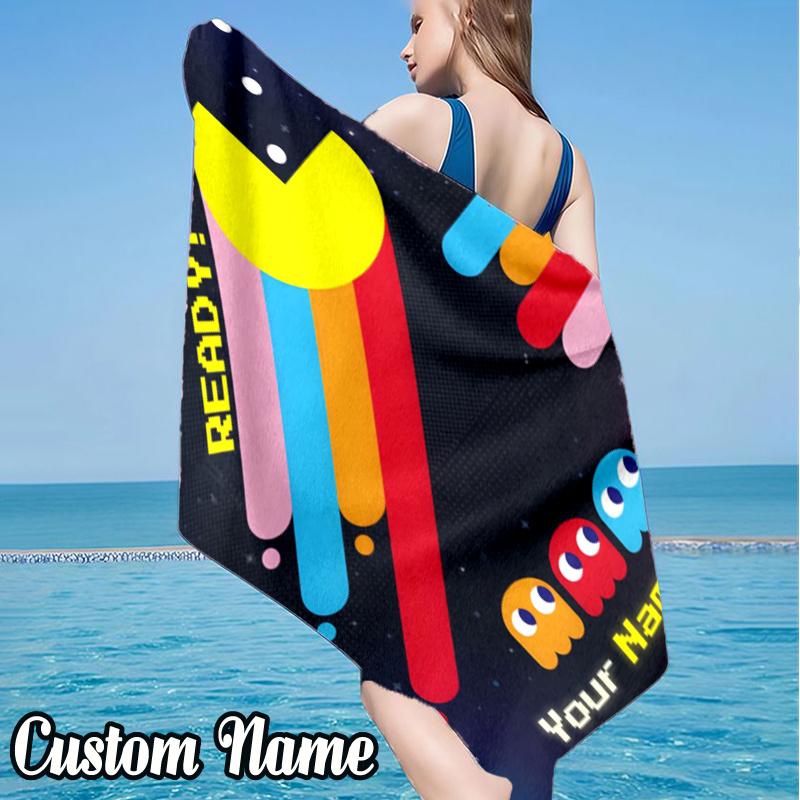 Custom Name Pac Game Beach Towel - Soft, Ultra-Absorbent Microfiber, Lightweight, Perfect for Beach, Parties, Travel, Camping