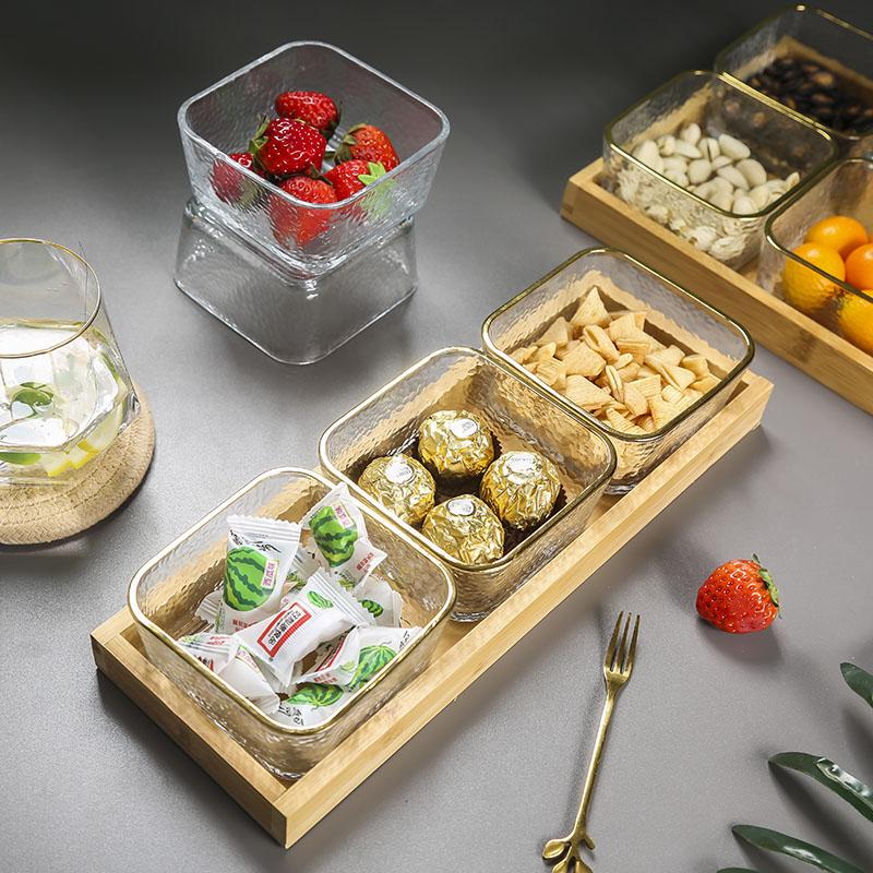 Lätt Lyx Delad Torkad Fruktfat Hushåll Glas Frukt Snacksfat Bambuträbricka Snacksfat Fyrkantig Skål Godislåda