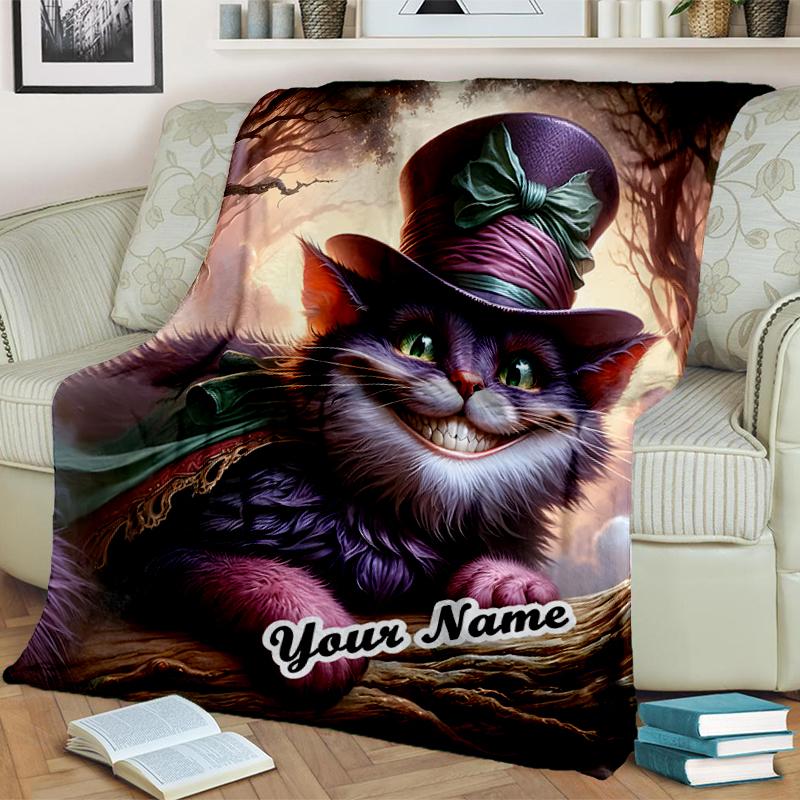 1PC Custom Name Fantasy Cat Adventure flannel blanket versatile,all-season throw suitable for the living room,bedroom,camping,travel,and gift