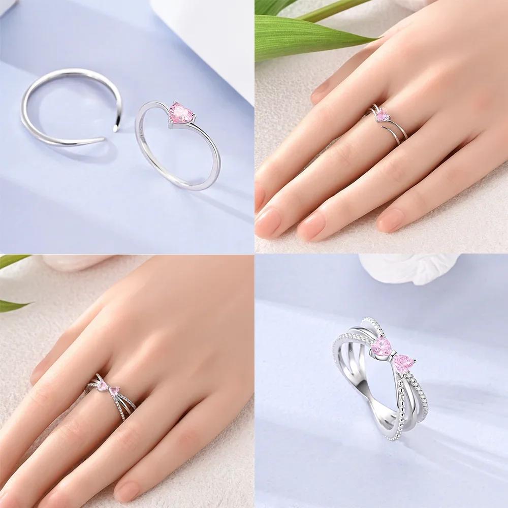 copper Rings Pink Bow Heart Love Ring Star Shape Moon Ring for Women Girl Engagement Weddling Party Jewellery Anniversary