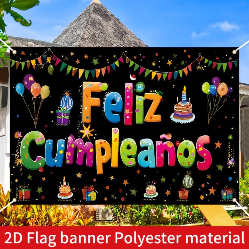 1 Piece, 2D Flat Design, 1 Spanish Birthday Party Backdrop with "Happy Birthday" Text, Indoor/outdoor Room Decoration, Wsj