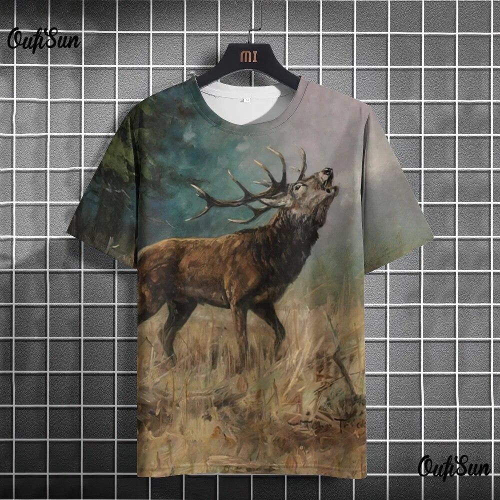 3d Animal Print Men's T-Shirt Deer Pattern Tops Fashion Street Short Sleeve Crew Neck Pullover Oversized Men's Clothing