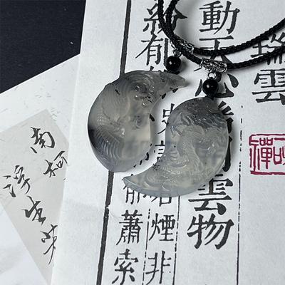 2Pcs Natural Jade Dragon Phoenix Jade Pendant Necklace Lucky Exorcise Evil Spirits Safety Auspicious Charms Necklace Couple Gift
