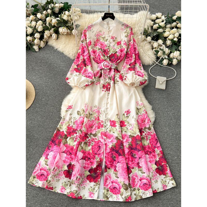 Flowers Spring Clothing Silm Long Puff Sleeve Dress