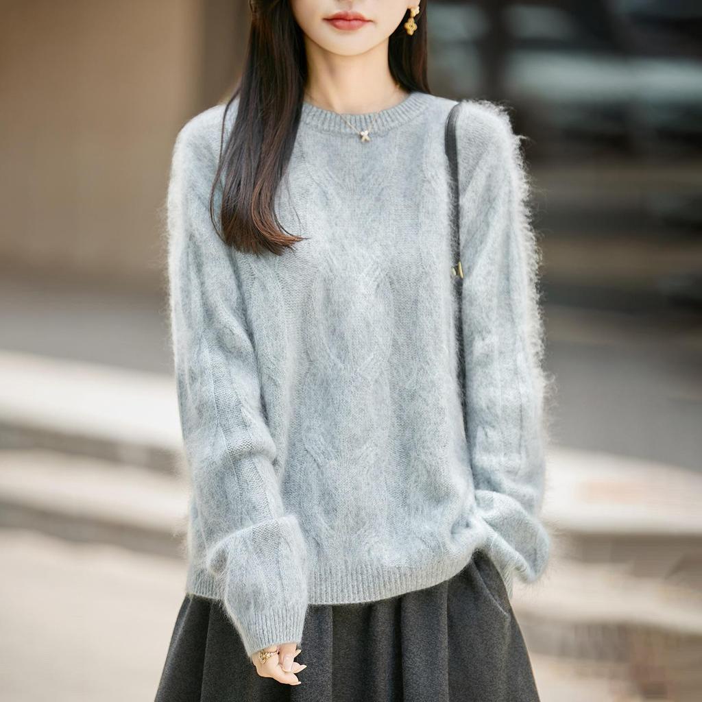2026 Autumn/Winter Women's Cashmere Wool Marled Knit Loose Sweater, Round Neck, Long Sleeve