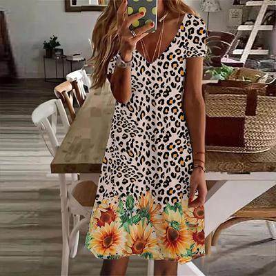 Summer Fashion Women's V Neck Short Sleeve Sunflower Printed  Dress Sex Short Skirt Dresses
