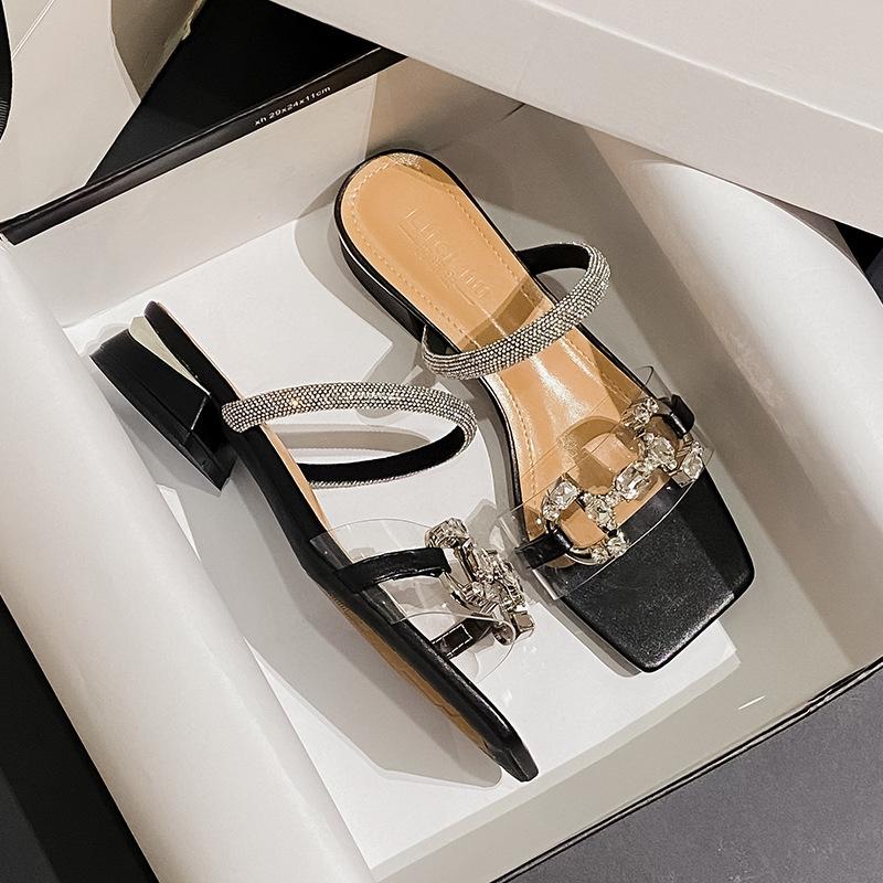 25 Summer New Diamond-encrusted Letter Sandals Korean Medium Heel Bow High Heel Open Toe Sandals Women's Shoes Thick Heel