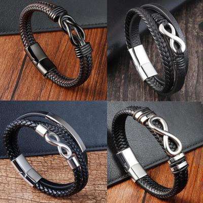 8-Infinity Leather Bracelet Handmade Woven Wristband for Men Stainless Steel Boho Style Adjustable Cord Bracelet